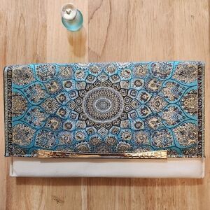 Nwt New Turkey Made Clutch handbag with Gold Hardware Chain Teal Blue